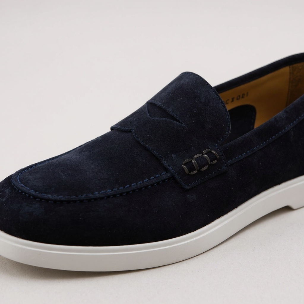 Detalle técnico del mocasín azul CALCE, mostrando la piel, el nubuck y la costura artesanal de la suela BLOK.