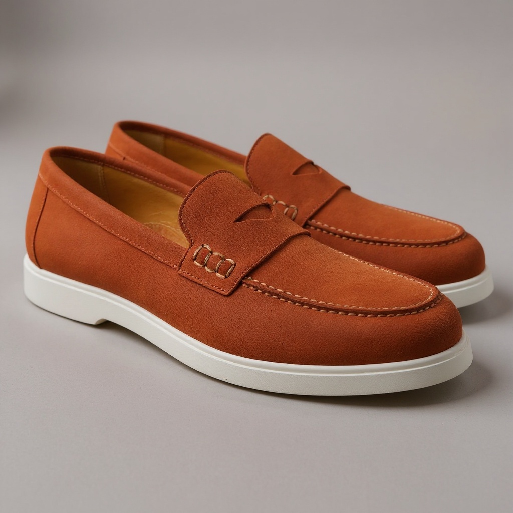 Detalle de cerca del mocasín CALCE naranja, mostrando la textura de la piel nubuck (NBK) y la suela BLOK.