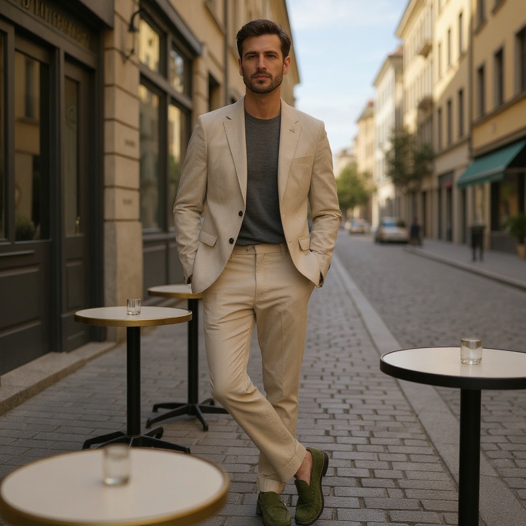 Hombre elegante con mocasines verdes CALCE, pantalones de lino y camisa, sentado en una terraza de café urbana.
