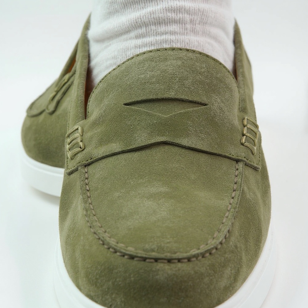 Detalle técnico de la construcción del mocasín CALCE verde, mostrando la piel Nobuck, las costuras artesanales y la suela.