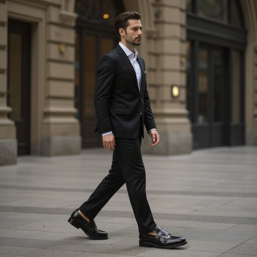 Hombre elegante con traje oscuro y zapatos CALCE 2 hebillas negros en un entorno urbano sofisticado.