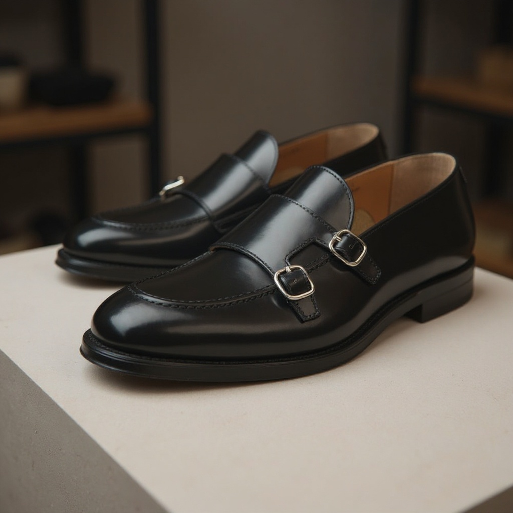 Detalle de los zapatos CALCE 2 hebillas negros mostrando la textura de la piel, el acabado antic y la suela.