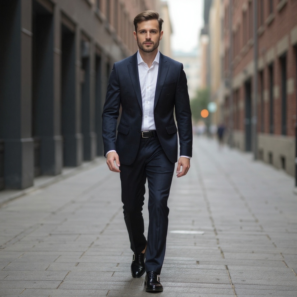 Hombre elegante con traje azul y zapatos CALCE hebilla negros caminando por la ciudad.