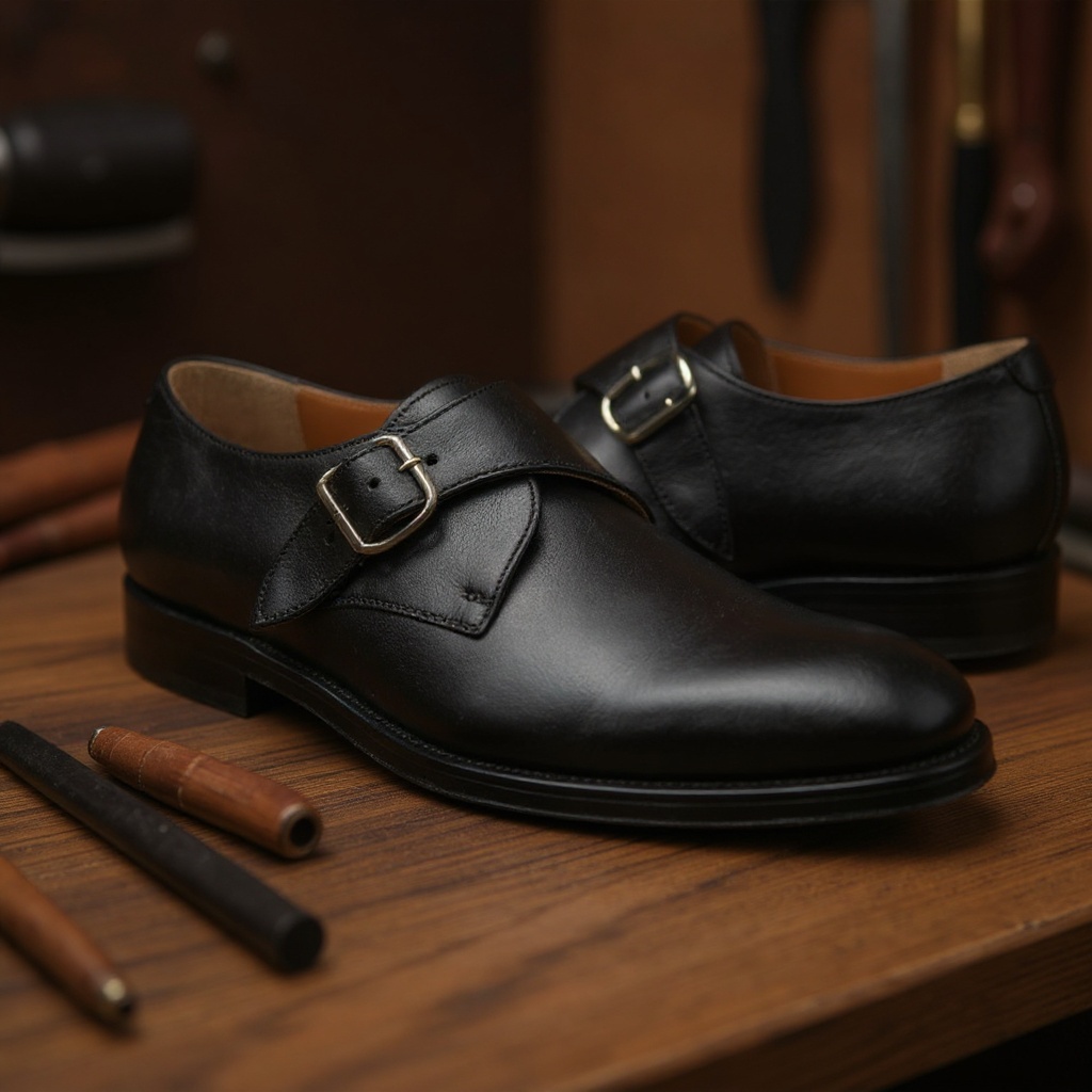 Detalle de la piel y la hebilla de un zapato CALCE hebilla negro, mostrando la artesanía.