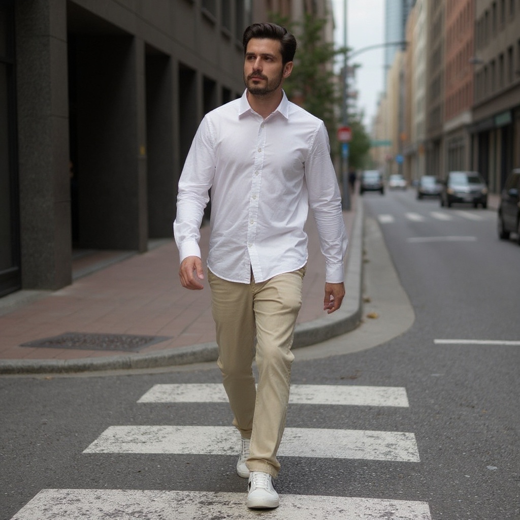 Hombre elegante con zapatillas deportivas blancas CALCE, chinos beige y camisa de lino caminando en una calle urbana.