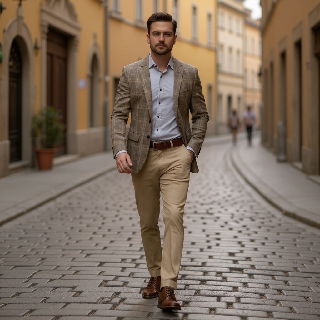 Hombre con zapatillas deportivas CALCE de cuero, camisa de cuadros y pantalones chinos en un entorno urbano elegante.