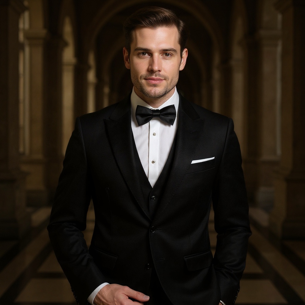 Hombre con esmoquin negro luciendo los zapatos PERTINI ceremonia negro en un evento elegante.