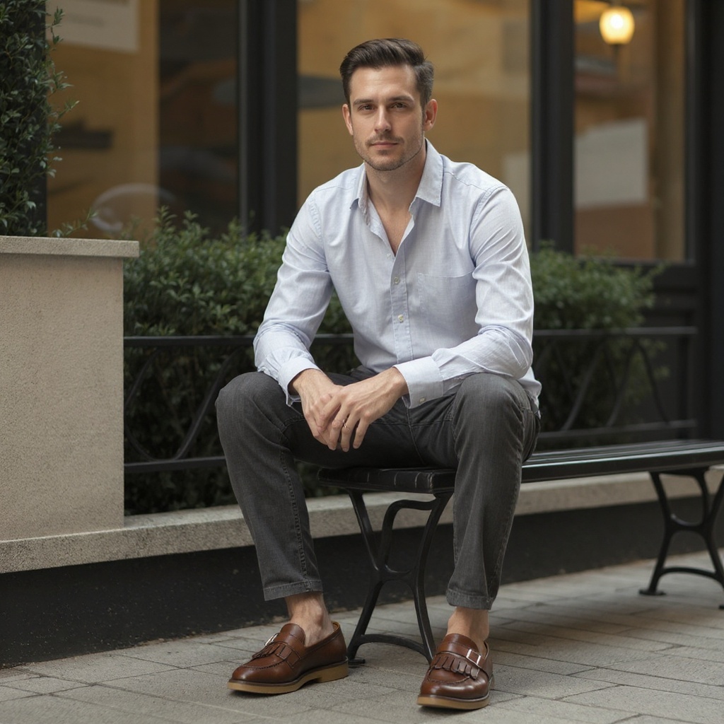 Hombre elegante con camisa de lino y chinos, sentado en una terraza, luciendo unos mocasines CALCE tabacco de piel.