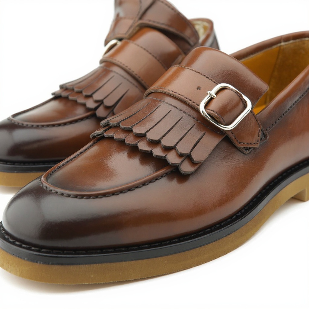 Detalle en primer plano de un mocasín CALCE tabacco, mostrando la textura de la piel nobuk, las costuras artesanales y la calidad de la suela.