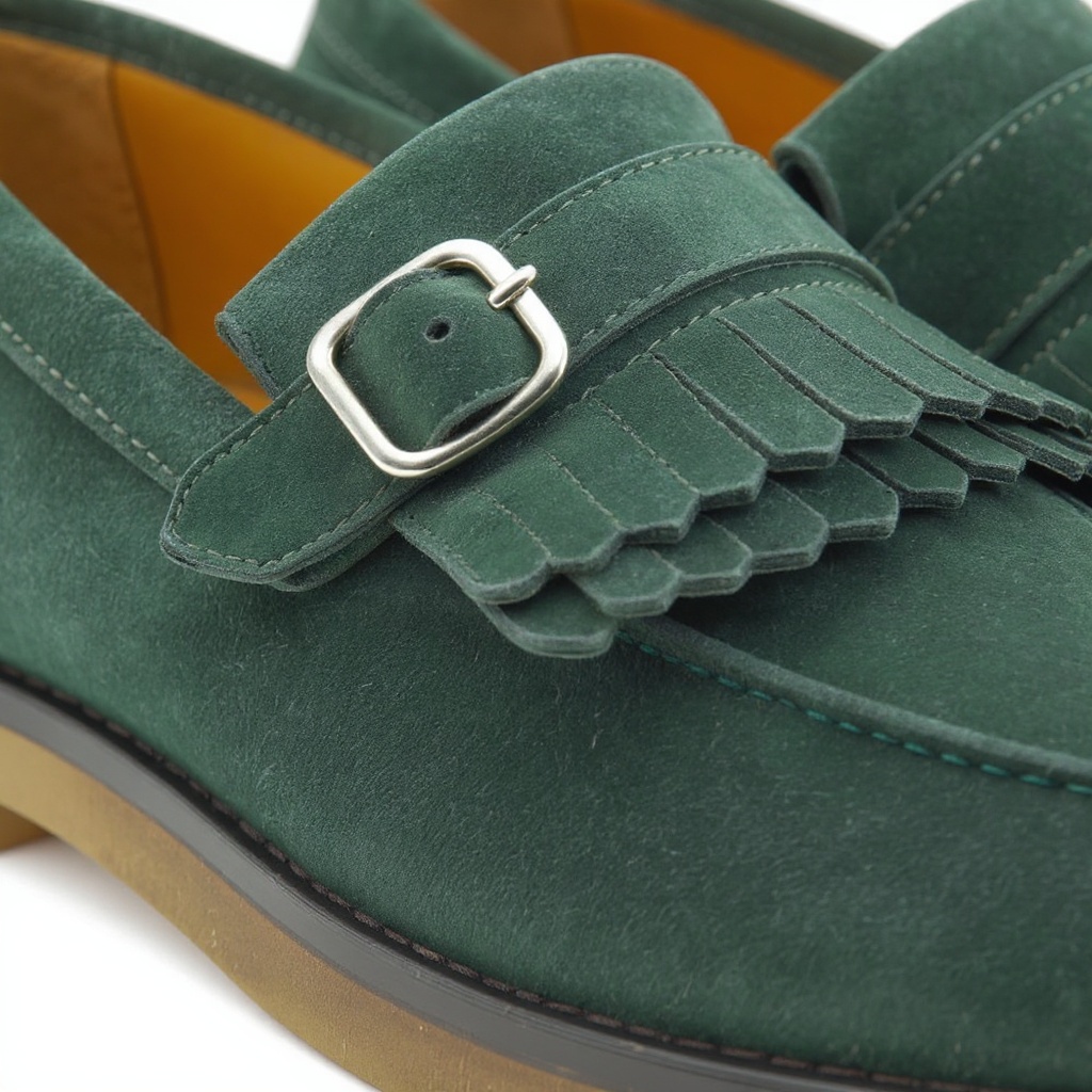 Detalle de la textura nubuck y la artesanía de los mocasines verdes CALCE.