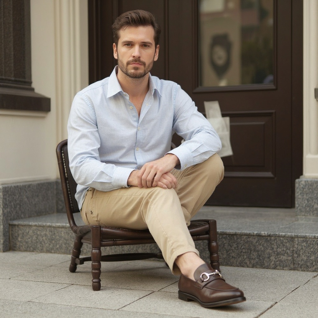 Hombre con mocasines CALCE cacao y ropa casual elegante en una terraza, disfrutando de un estilo de vida sofisticado.