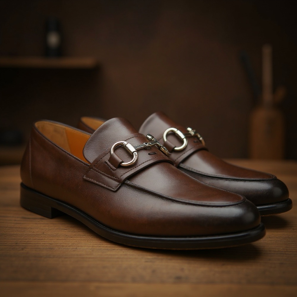 Detalle artesanal de un mocasín CALCE cacao, mostrando la piel antic y la suela de cuero con costuras finas.