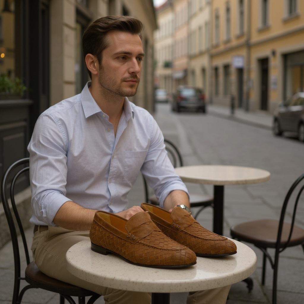 Hombre con mocasines CALCE de cuero disfrutando de un café en una terraza urbana, mostrando elegancia casual.