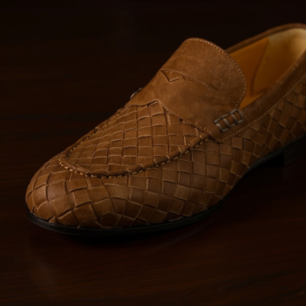 Detalle de los mocasines CALCE de cuero, mostrando la piel de alta calidad y el trenzado artesanal.