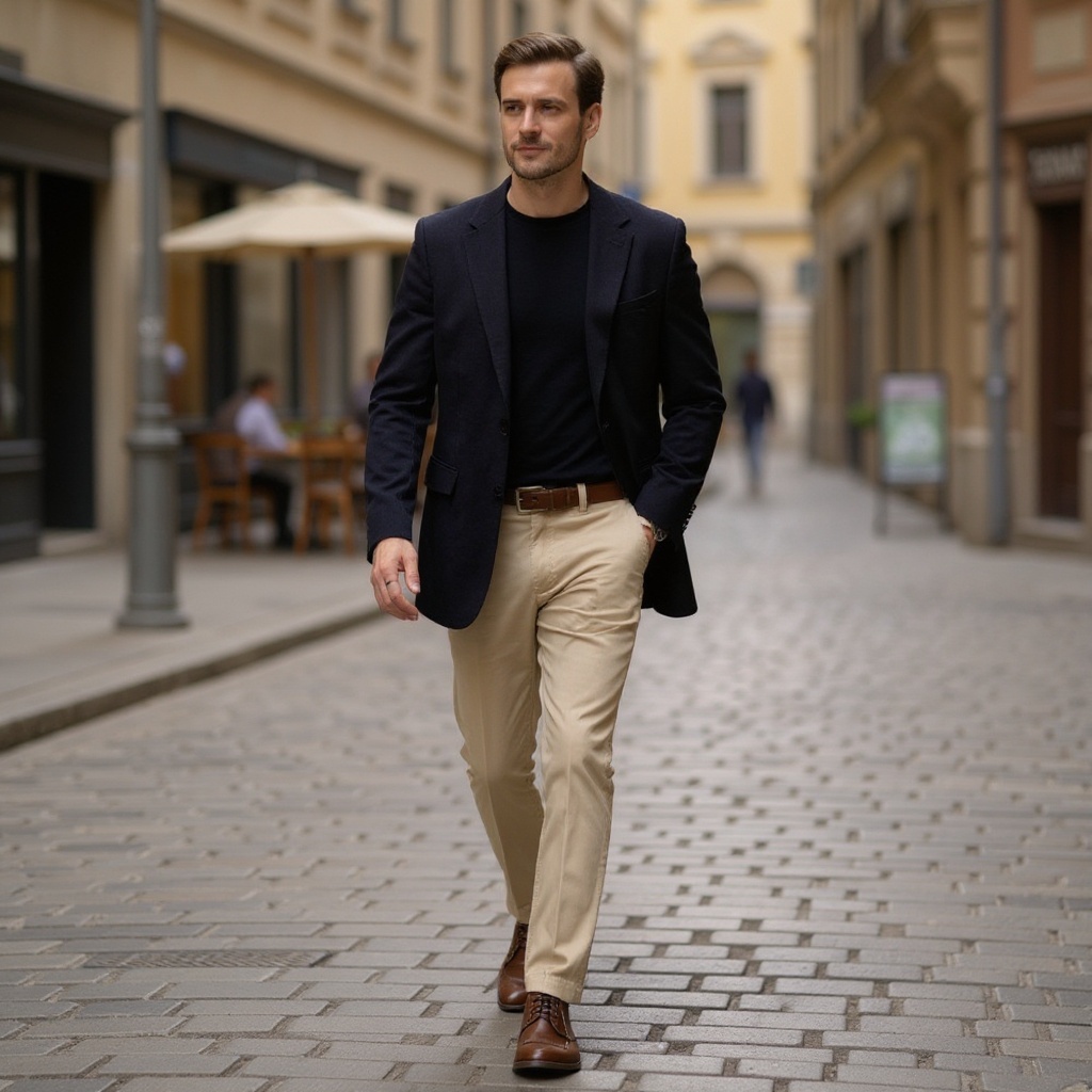 Hombre elegante caminando por una calle adoquinada, luciendo los zapatos blucher marrones de CALCE con pantalones chinos y una chaqueta sport.