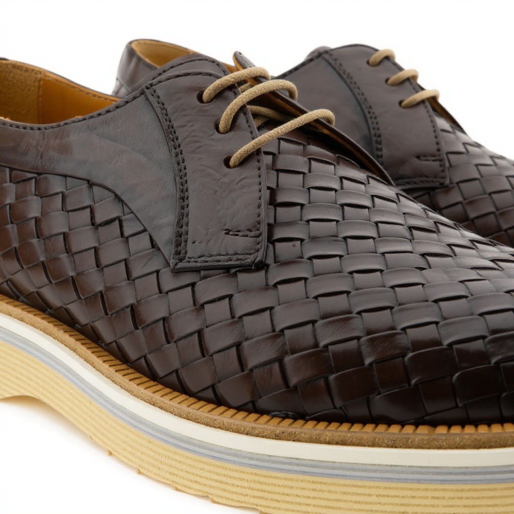 Detalle de cerca del zapato blucher marrón CALCE, mostrando la piel trenzada, las costuras impecables y la robusta suela.