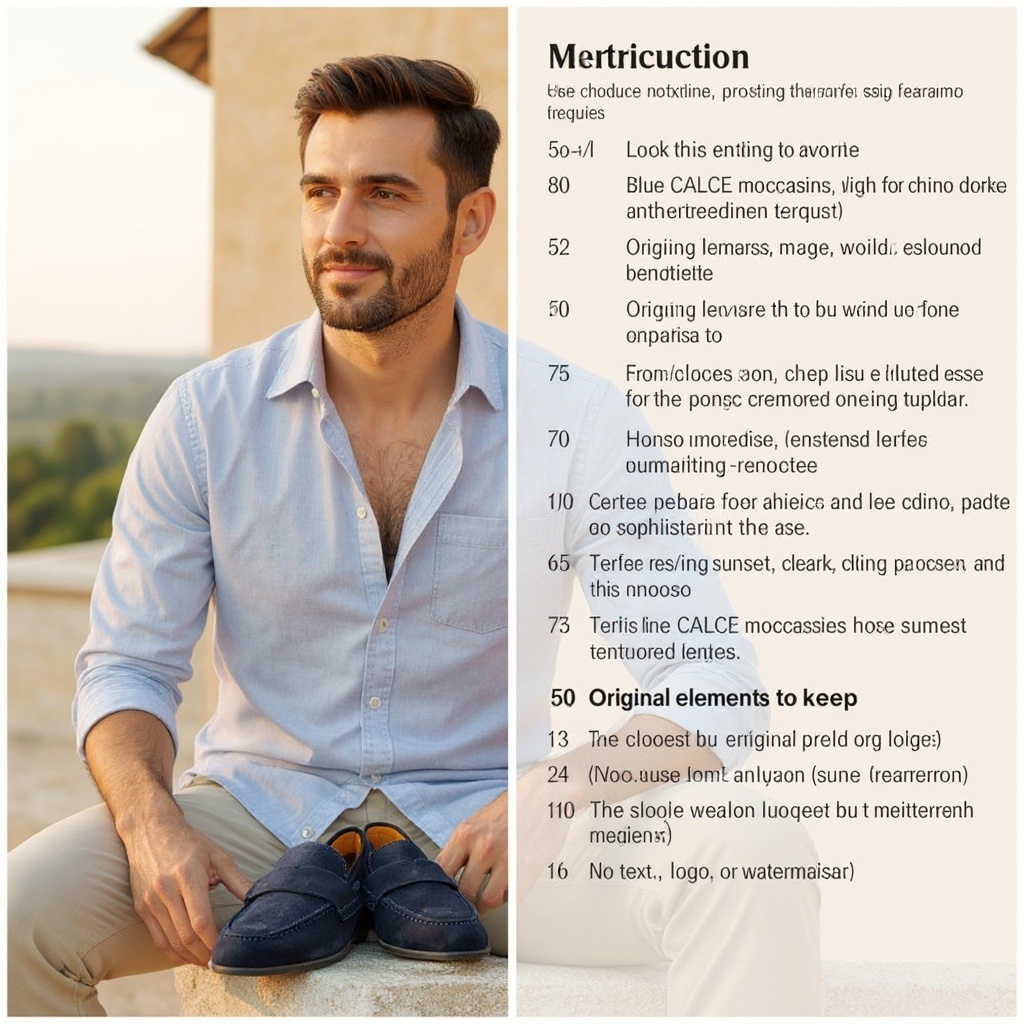 Un hombre elegante con mocasines CALCE azules, pantalones chinos y camisa de lino, disfrutando de un atardecer en una terraza mediterránea.