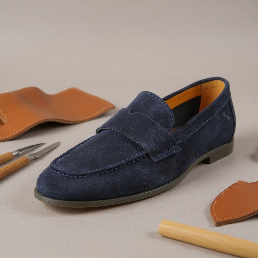 Primer plano de un mocasín CALCE azul, mostrando la textura del nobuk, las costuras artesanales y la calidad de la suela de cuero genuino.