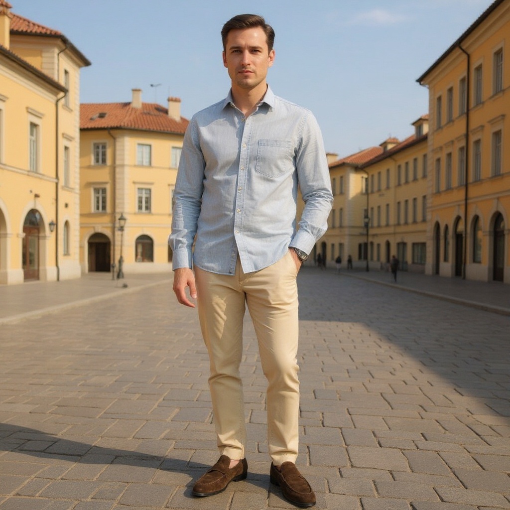 Hombre con mocasines CALCE marrones, pantalones chinos y camisa de lino caminando por una plaza europea.