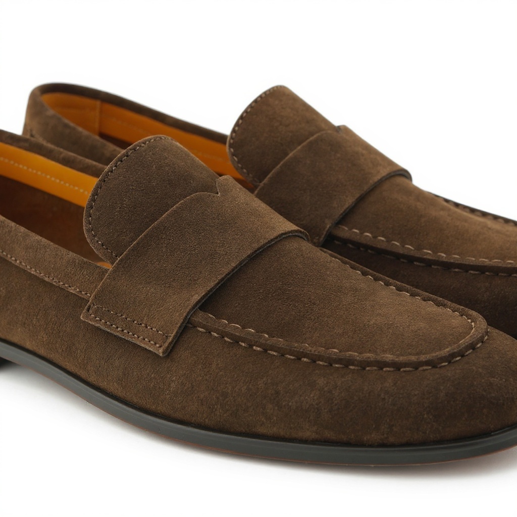 Detalle de los mocasines CALCE marrones de piel, mostrando la textura de la piel y la suela.