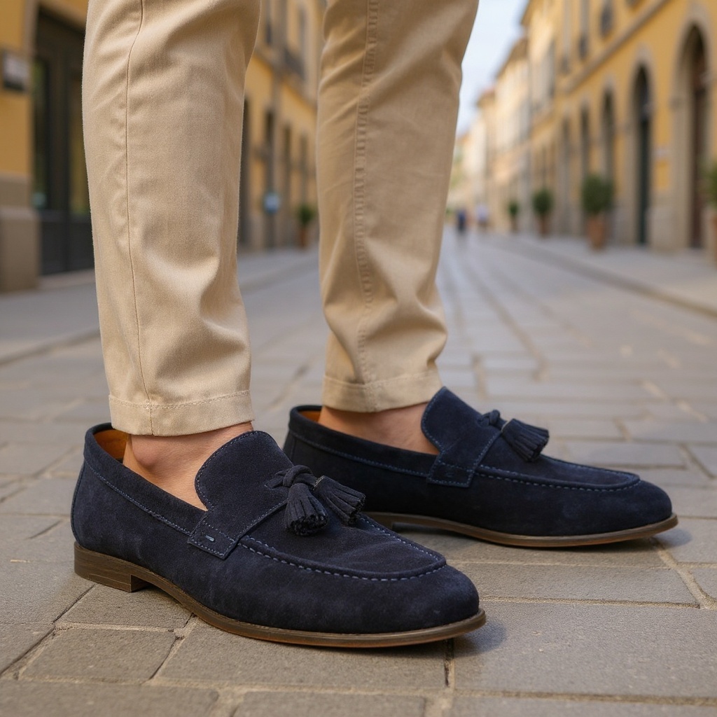 Hombre elegante con mocasines CALCE azules y pantalón chino en una calle empedrada, disfrutando de un paseo relajado.