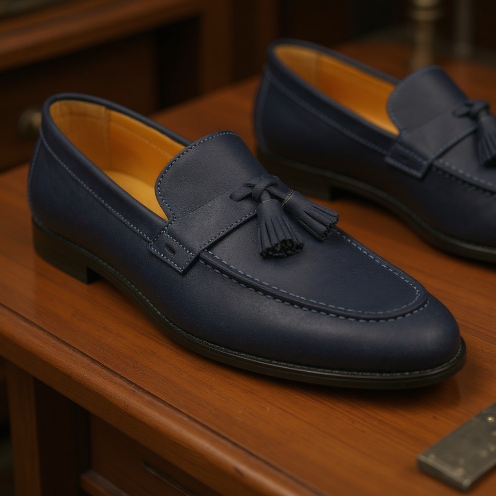 Detalle de la piel NBK y las costuras de un mocasín CALCE azul sobre una superficie de madera, mostrando la calidad artesanal y los materiales premium.