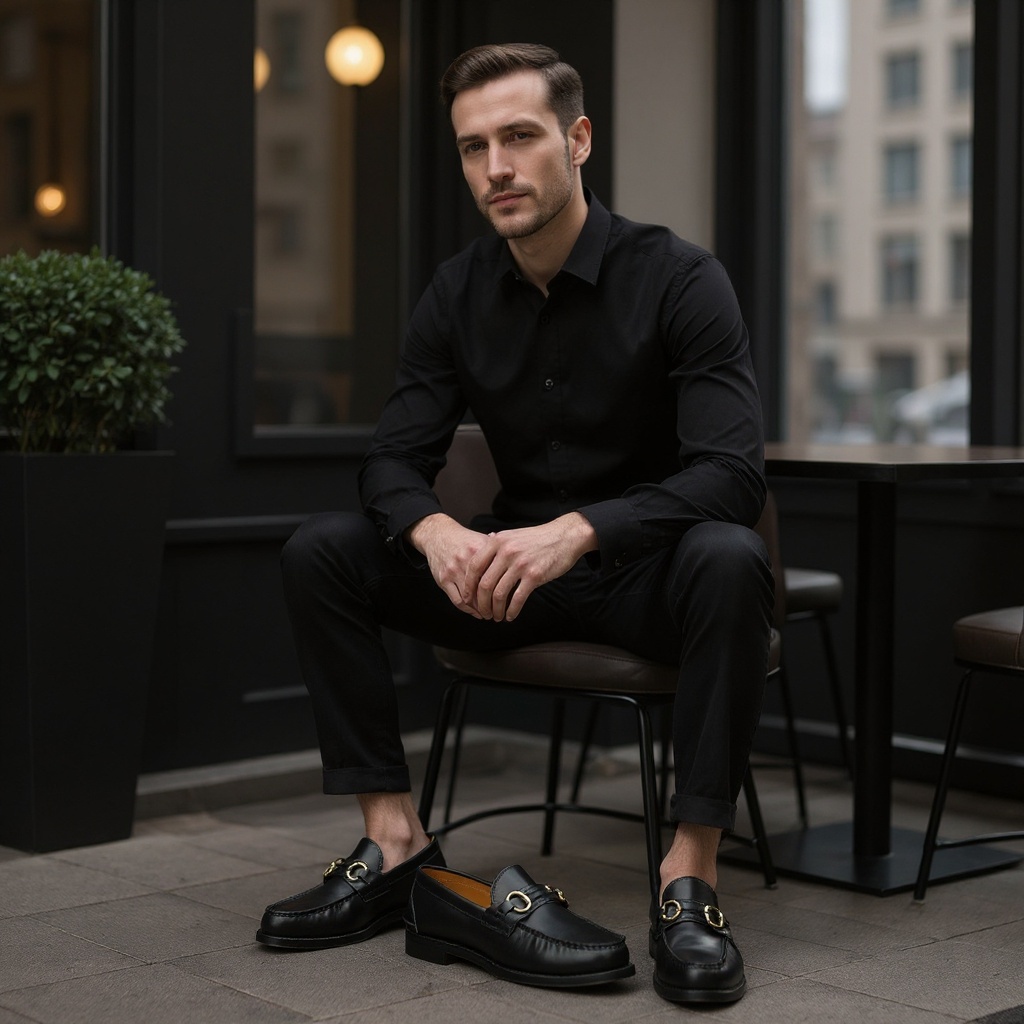 Hombre vistiendo mocasines negros PREMIATA, símbolo de elegancia y estilo casual sofisticado.