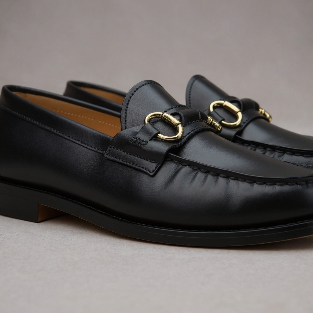 Detalle técnico de los mocasines PREMIATA negros, resaltando la calidad de la piel y la construcción artesanal.