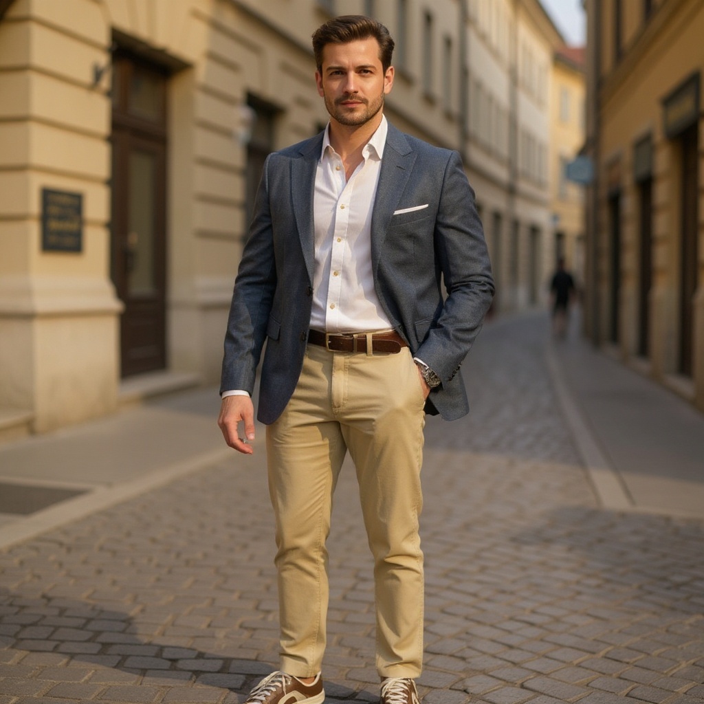 Hombre con estilo casual elegante llevando zapatillas deportivas PREMIATA marrón y beige en un entorno urbano.