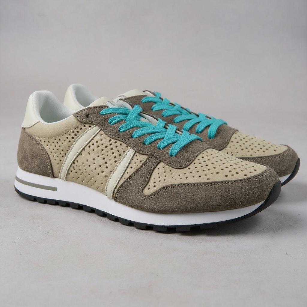 Detalle de cerca de la zapatilla deportiva PREMIATA marrón y beige, mostrando la textura de la piel y el tejido, y la suela.