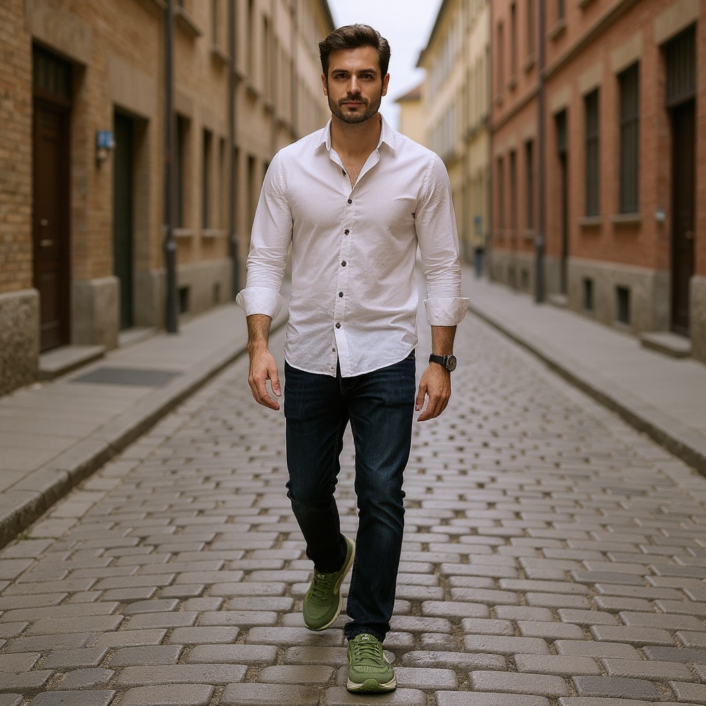 Hombre con deportivas PREMIATA verdes, jeans y camisa de lino, caminando con estilo por una calle urbana.