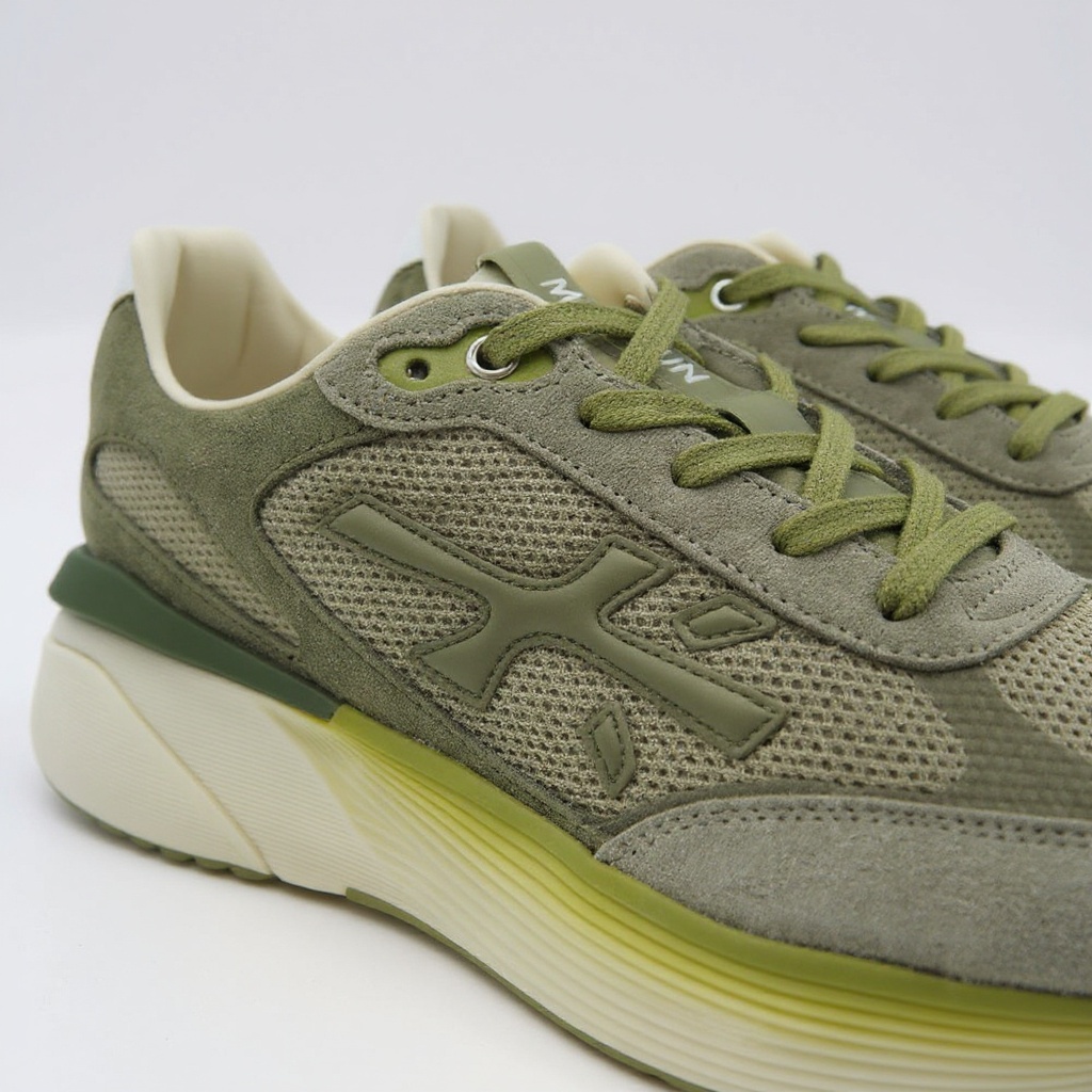 Detalle de los materiales (piel, NBK, tejido) y la construcción de las deportivas PREMIATA verdes, mostrando la calidad y el diseño.