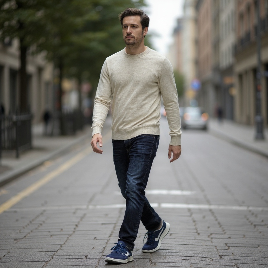 Hombre elegante con deportivas PREMIATA azules y vaqueros, caminando por la ciudad.