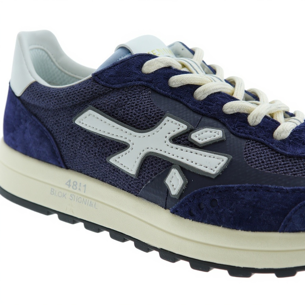 Detalle técnico de las deportivas PREMIATA azules, mostrando la textura del material BLOK, piel y nubuck.