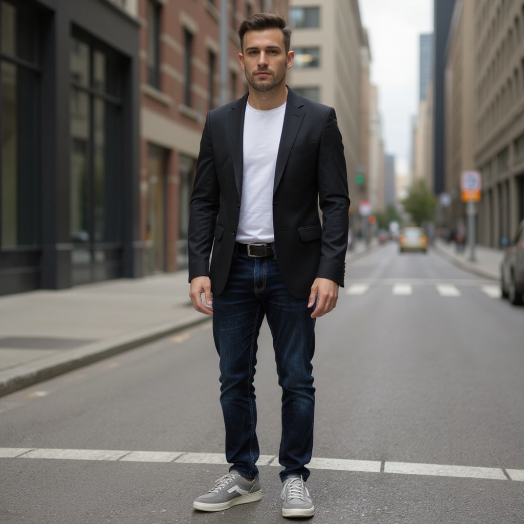 Hombre con deportivas PREMIATA grises en un entorno urbano elegante.