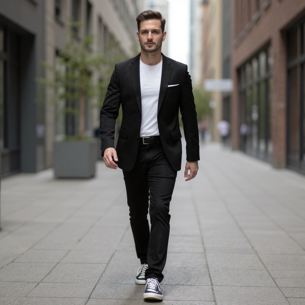 Hombre con zapatillas deportivas STACY BL/NEGRO en un entorno urbano, combinadas con pantalones de vestir oscuros y blazer casual.