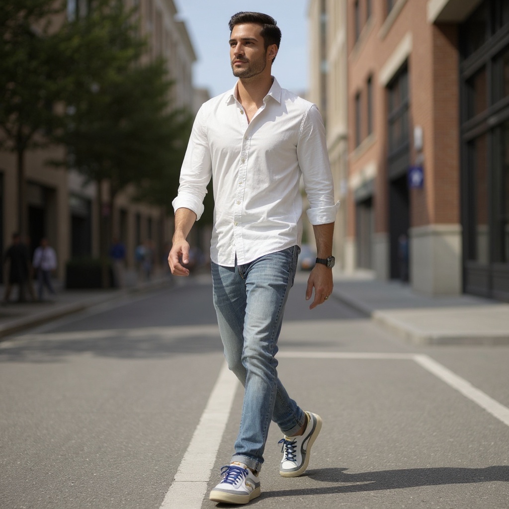 Hombre con zapatillas deportivas STACY bl/az, jeans y camisa de lino caminando por la ciudad.