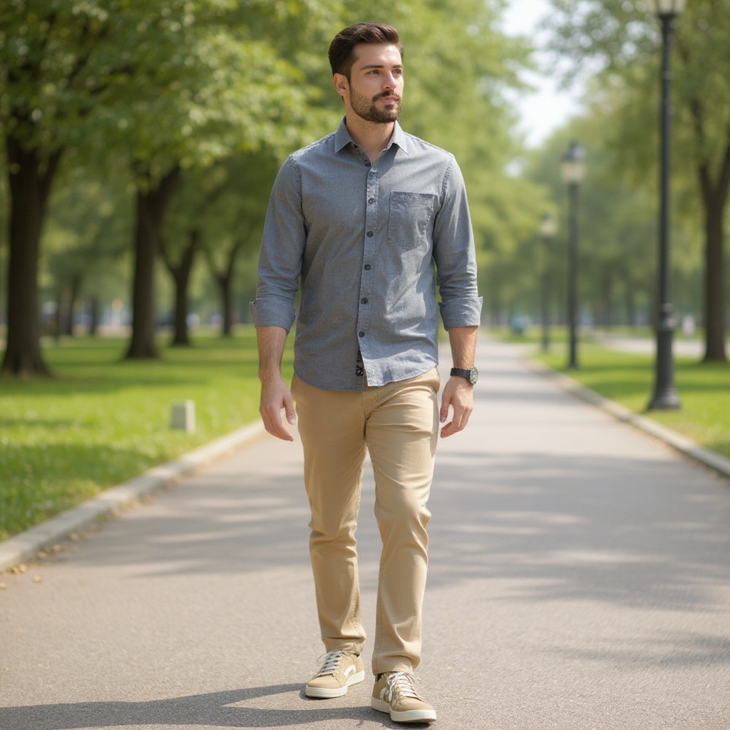 Hombre joven y elegante caminando por un parque urbano con deportivas STACY beig, combinadas con pantalones chinos claros y camisa de lino.