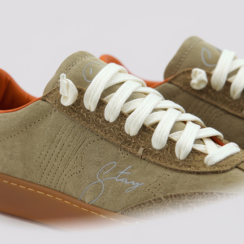 Primer plano detallado de las deportivas STACY beig, mostrando la textura de los materiales BLOK, piel y NBK, con costuras de alta calidad.