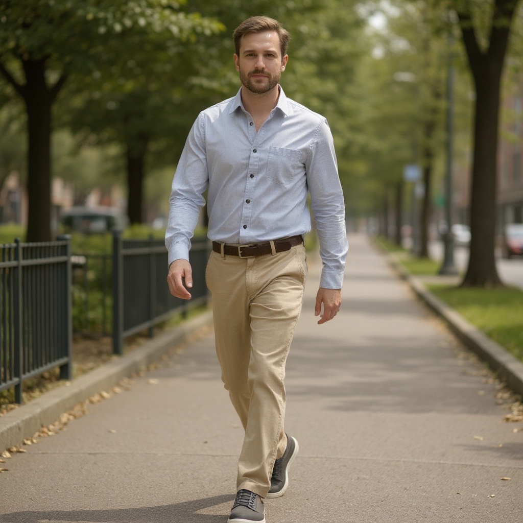 Hombre con zapatillas deportivas BIRKENSTOCK arena, combinadas con pantalón chino claro y camisa de lino, paseando por un parque urbano.