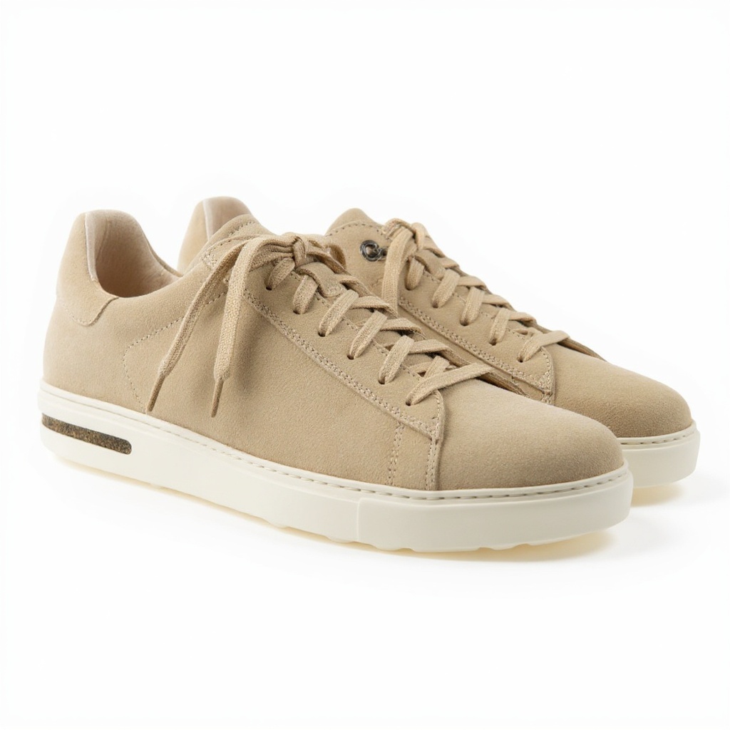 Detalle técnico de la zapatilla deportiva BIRKENSTOCK arena, mostrando la textura de la piel, el ante y la suela, en un entorno de estudio.