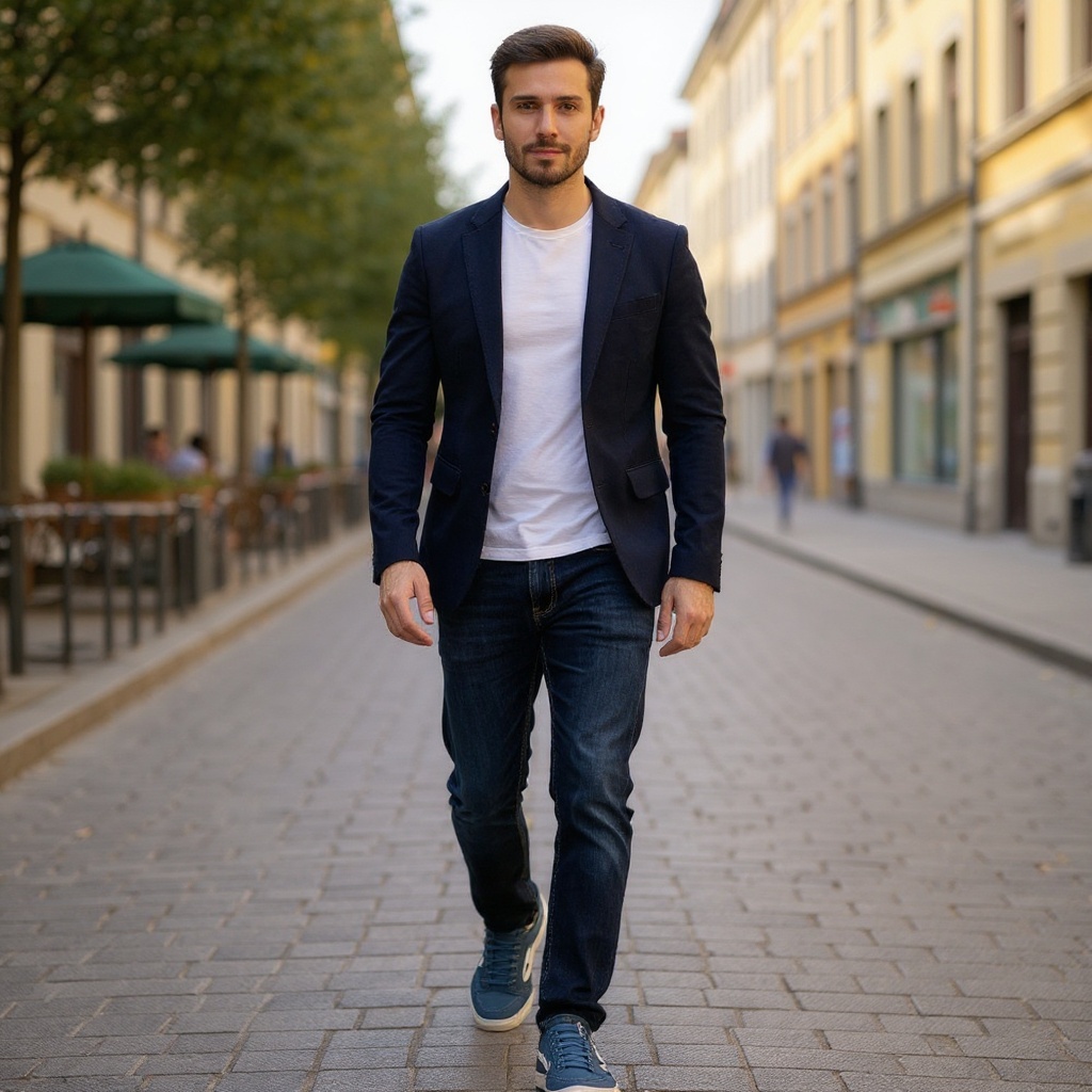 Hombre con zapatillas deportivas Diadora azules combinadas con vaqueros y camisa, paseando por la ciudad.