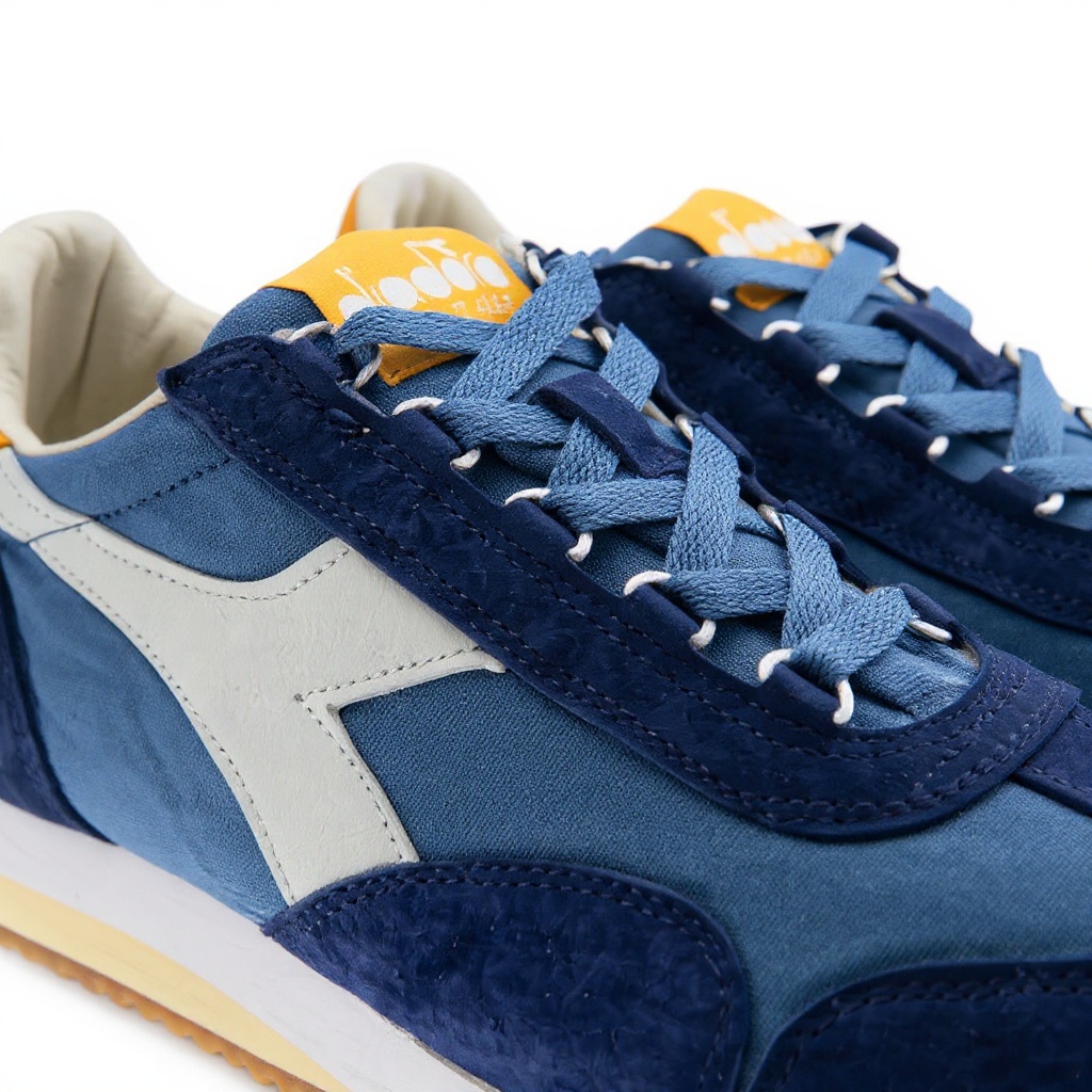 Detalle de las zapatillas deportivas Diadora azules, mostrando la textura de los materiales y la calidad de la confección.
