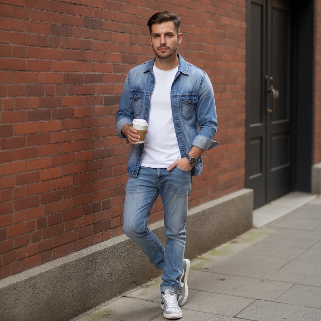 Hombre joven con zapatillas DIADORA deportivas arena, vaqueros y camisa vaquera, disfrutando de un ambiente urbano.