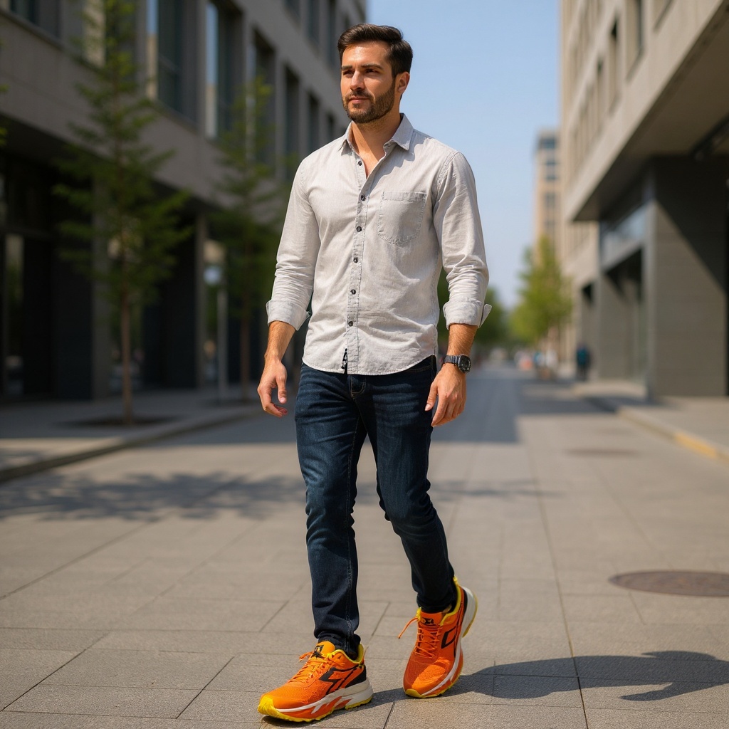 Hombre con zapatillas DIADORA deportivas naranja, vaqueros oscuros y camisa de lino, paseando por la ciudad con un estilo casual y enérgico.