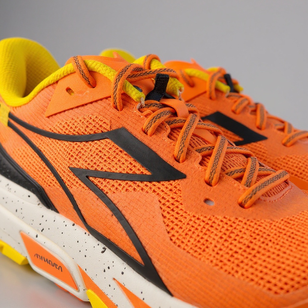 Detalle técnico de las zapatillas DIADORA deportivas naranja, mostrando la combinación de piel, material deportivo y suela de caucho con amortiguación.