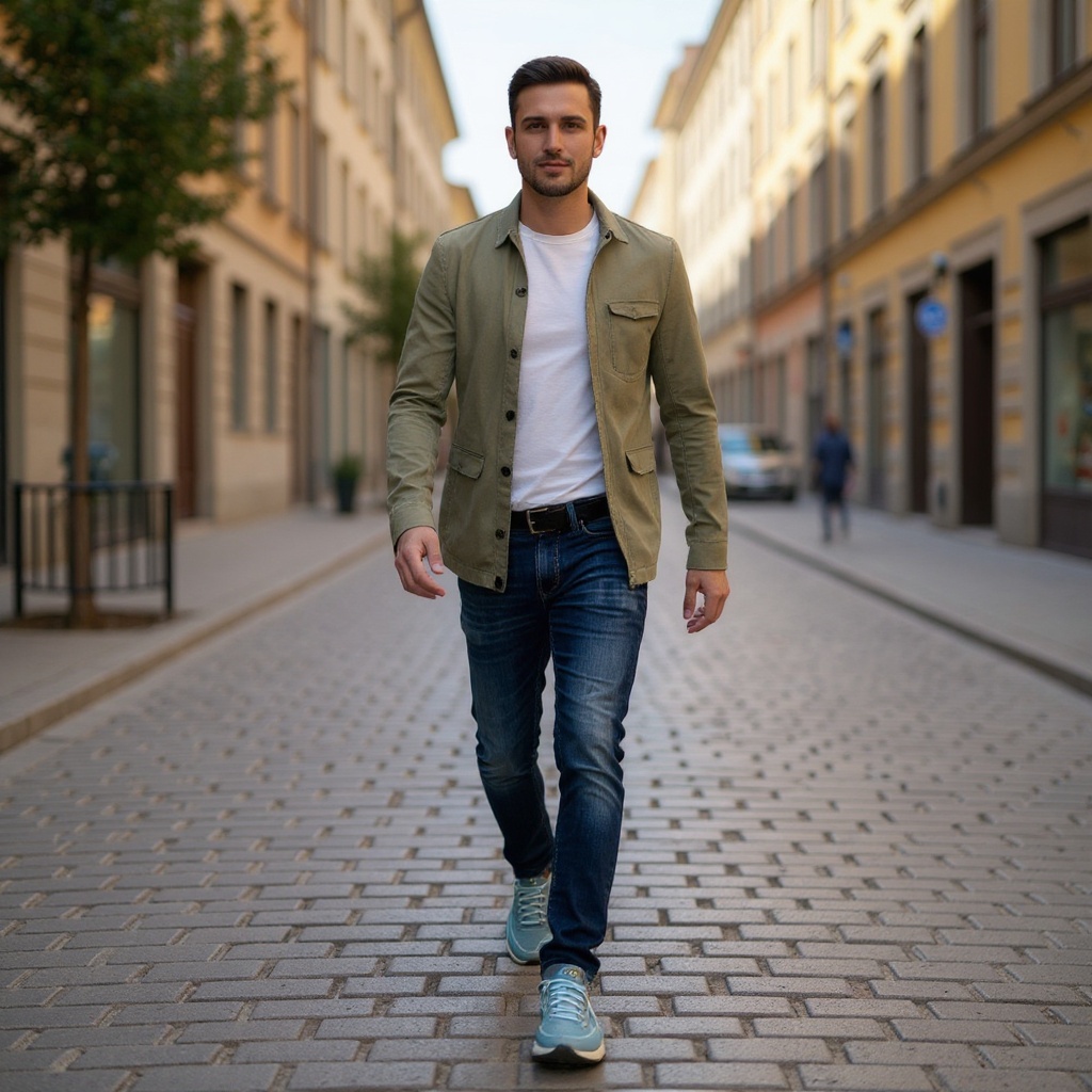 Hombre joven con vaqueros y camisa casual, caminando por la ciudad con las zapatillas deportivas DIADORA azules.