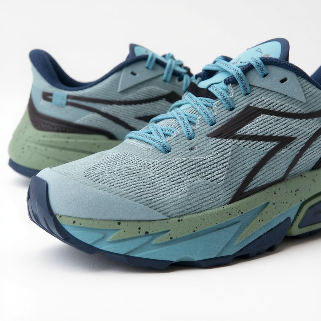 Detalle de las zapatillas deportivas DIADORA azules, mostrando la combinación de piel y tejido técnico, la suela y la calidad de los materiales.