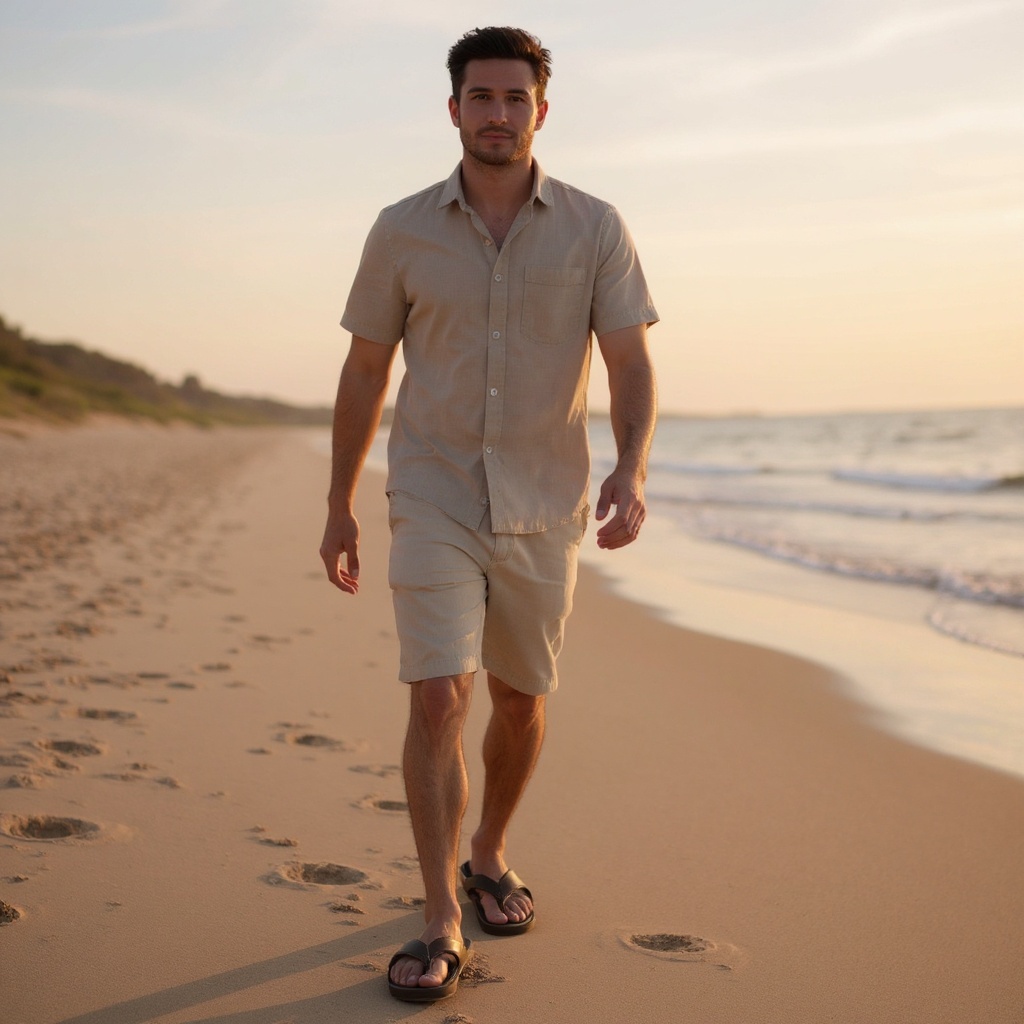 Un hombre camina descalzo por la playa al atardecer, luciendo unas sandalias de dedo UGG marrones, símbolo de libertad y estilo veraniego.