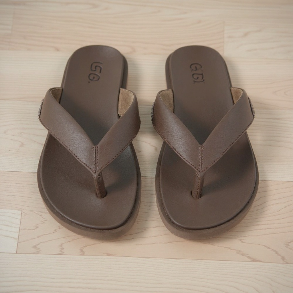 Detalle de las sandalias de dedo UGG marrones, mostrando la textura de la piel de las tiras y la plantilla, y la robusta suela BLOK.